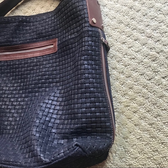 GENUINE Leather Woven Blue and Brown Hobo Tote Bag - Picture 2 of 8